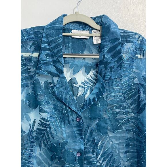Units Tall Blouse XXL Tall Blue Sheer Tropical Floral Embroidered Beaded NWOT - Picture 2 of 7